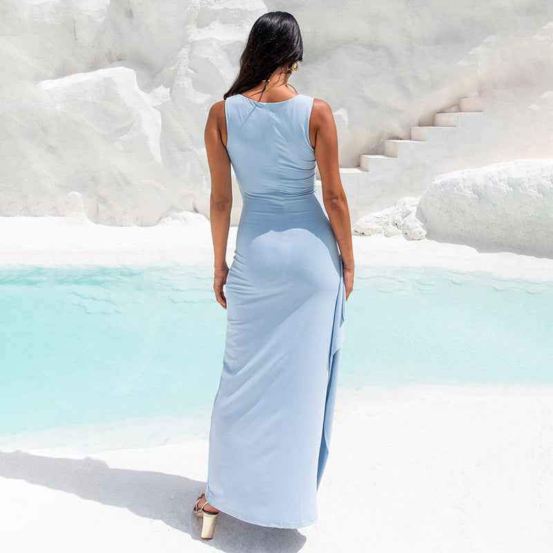 Women Clothing Spring Summer Solid Color Backless Pleated Tassel Split Dress Women