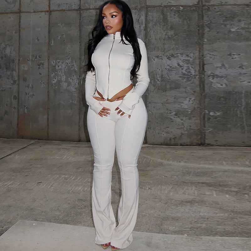 Women Slim Fit Pleated Zipper Solid Color Cropped Blouse Pants Long Sleeve Stand Collar Loose Trousers Two Piece Set