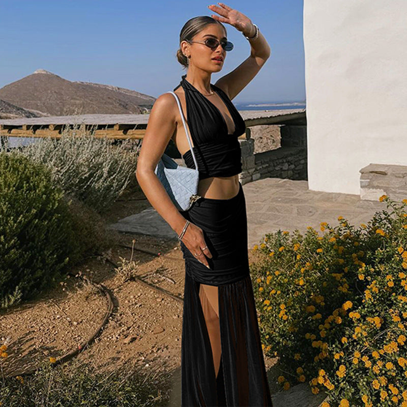 Summer V neck Vest Mesh Patchwork Slit Skirt Solid Color Casual Two Piece Sets - ALZO