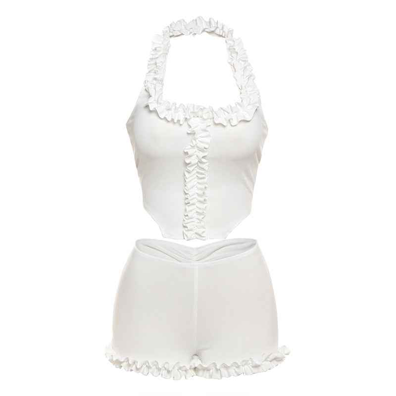 Spring Summer Women Clothing Solid Color Sexy Ruffles Halterneck Vest Slim Fit Base Shorts Two Piece Set