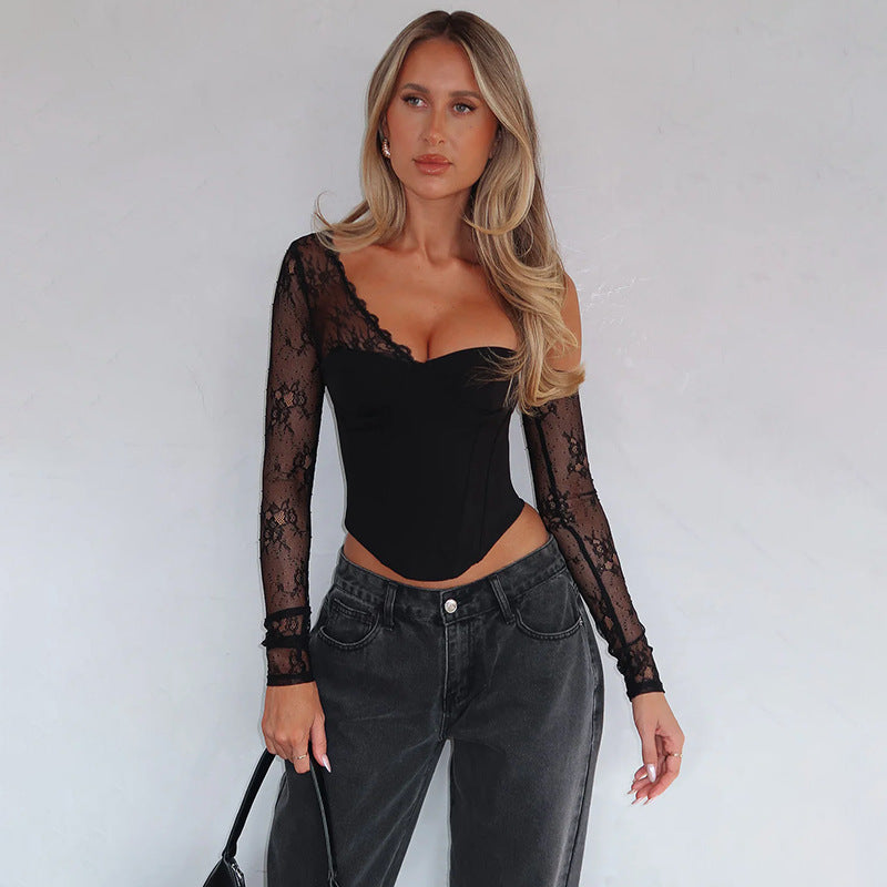Autumn Sexy All Matching Slim Fit Oblique Shoulder Lace Stitching Coat Women - ALZO