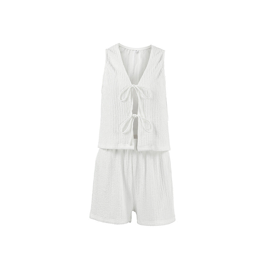 White Bubble Crepe Sleeveless Lace up Vest Pants Set Spring Summer Two Piece Set - ALZO