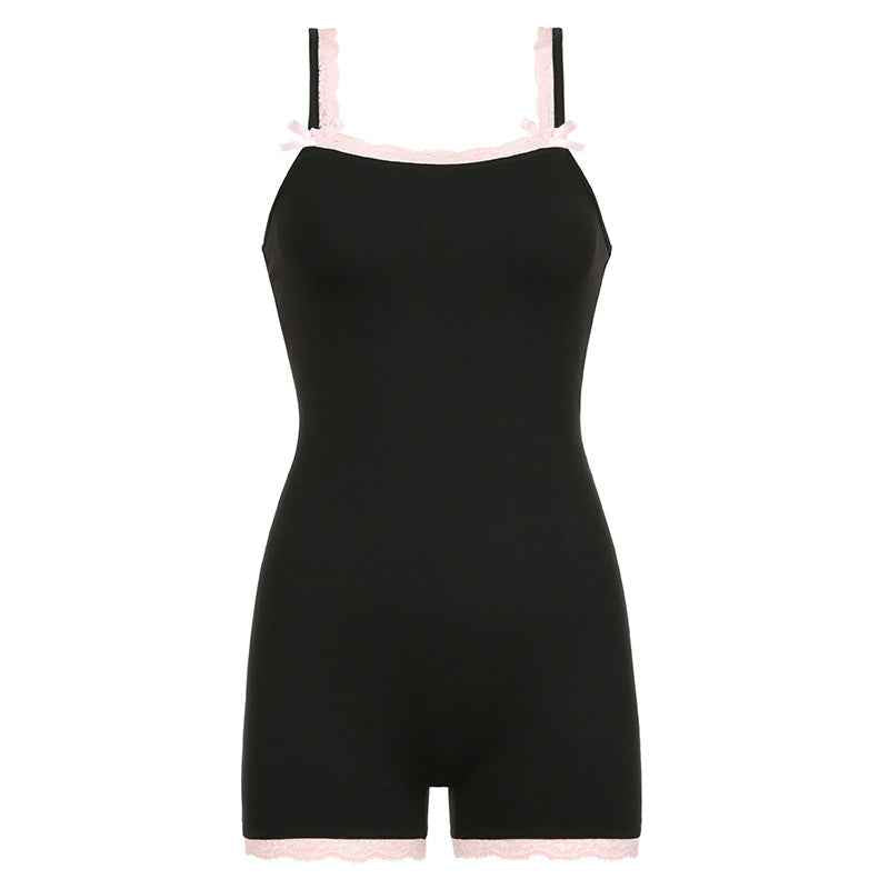 Contrast Color Lace Girl Sling Jumpsuit Summer Holiday Bow Stitching Square Collar Jumpsuit Shorts