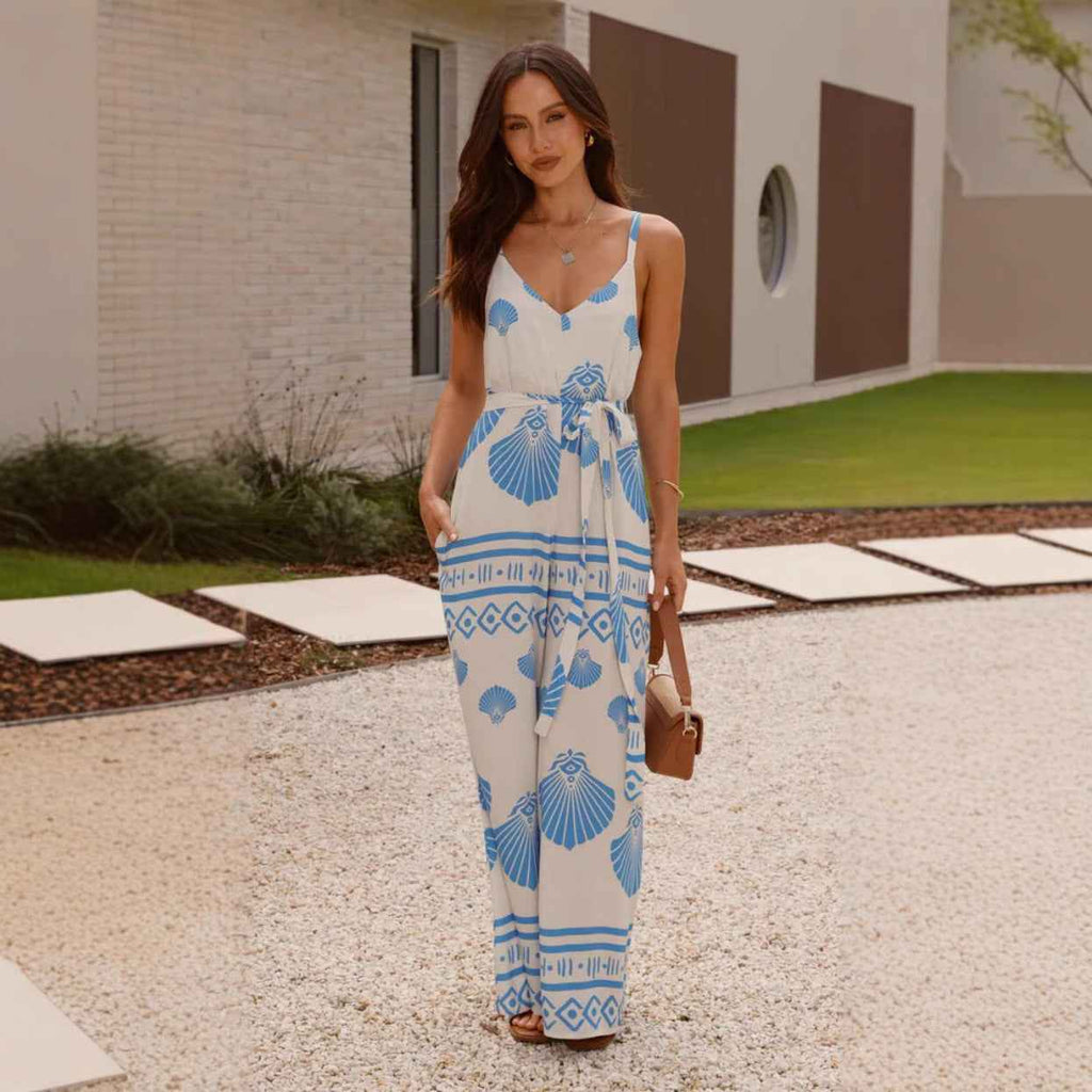 Summer Positioning Printed V neck Lace up Wide Leg Straight Sling Jumpsuit