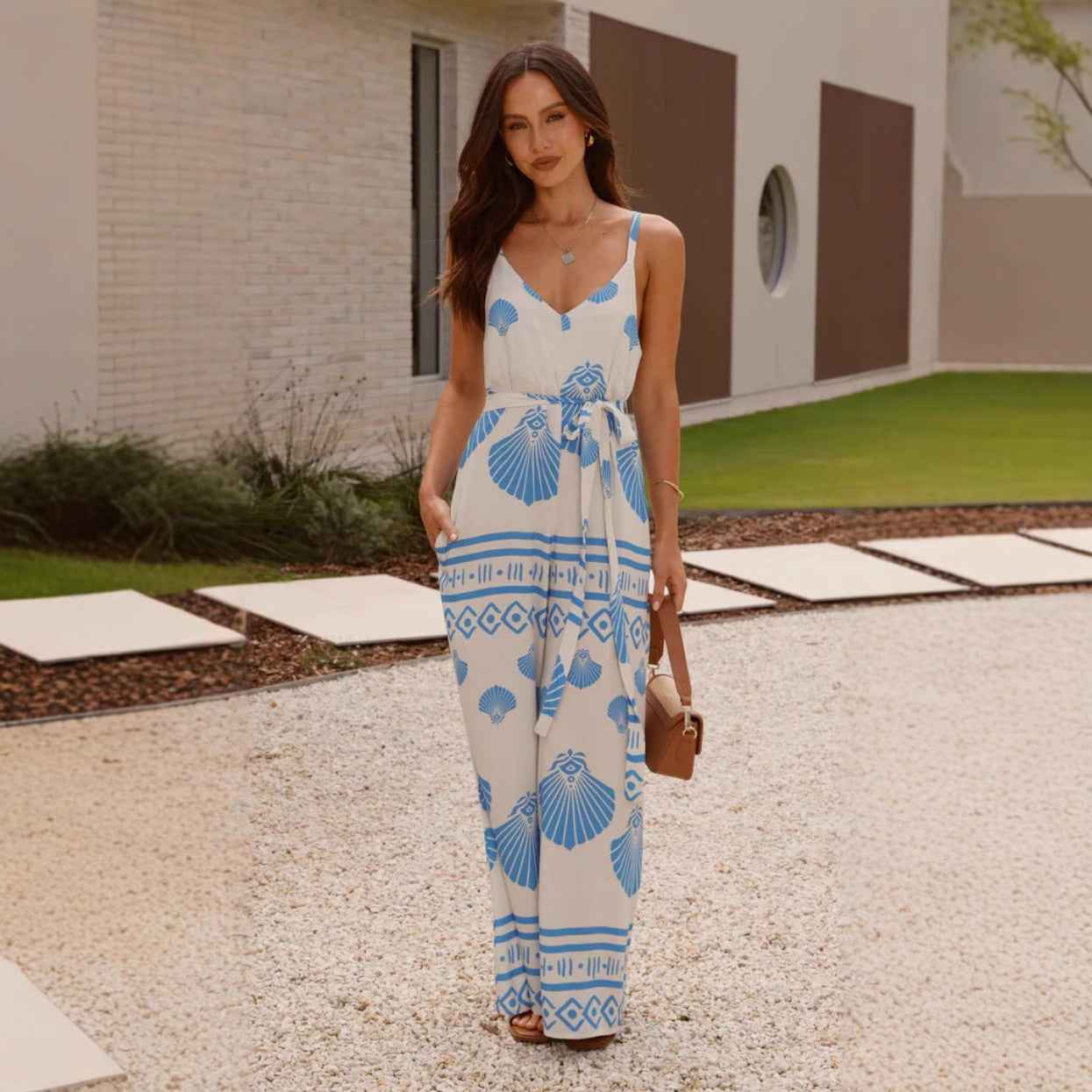 Summer Positioning Printed V neck Lace up Wide Leg Straight Sling Jumpsuit