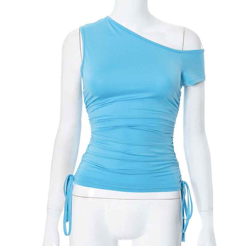 Casual Shoulder Asymmetric Drawstring Ruffle Solid Color T Shirt Short All Match Western Top Women