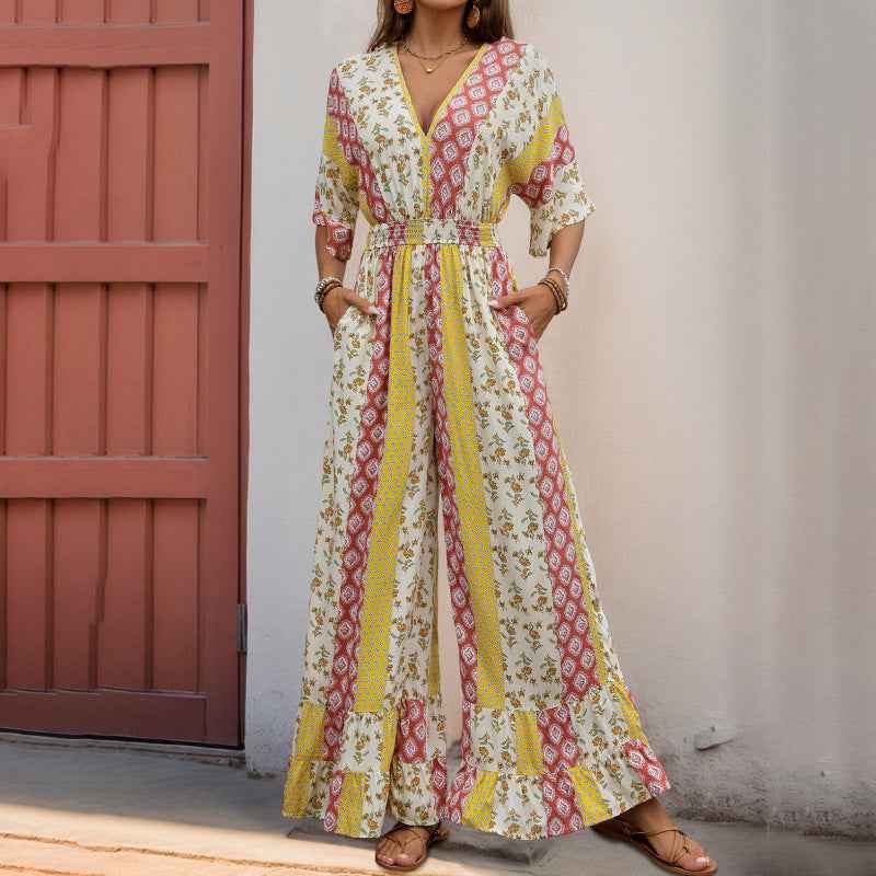 Women Five Quarter Sleeve V neck Geometric Abstract Striped Floral Printed Jumpsuit