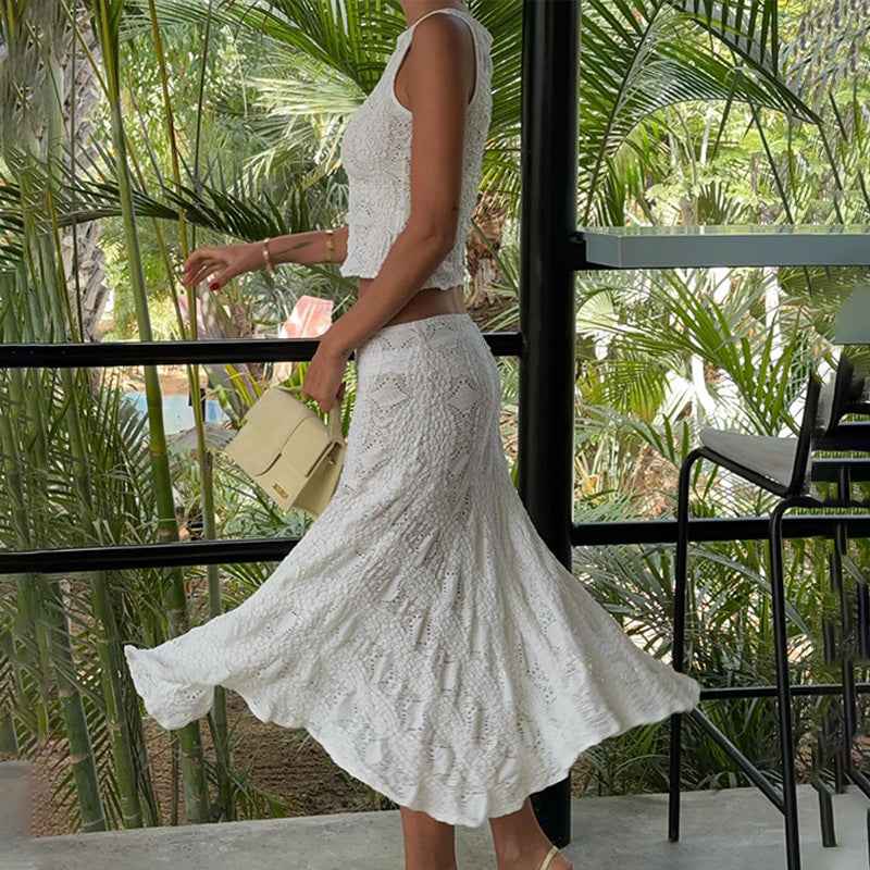 Summer Casual Sexy Two Piece Suit O Neck Short Vest Skirt