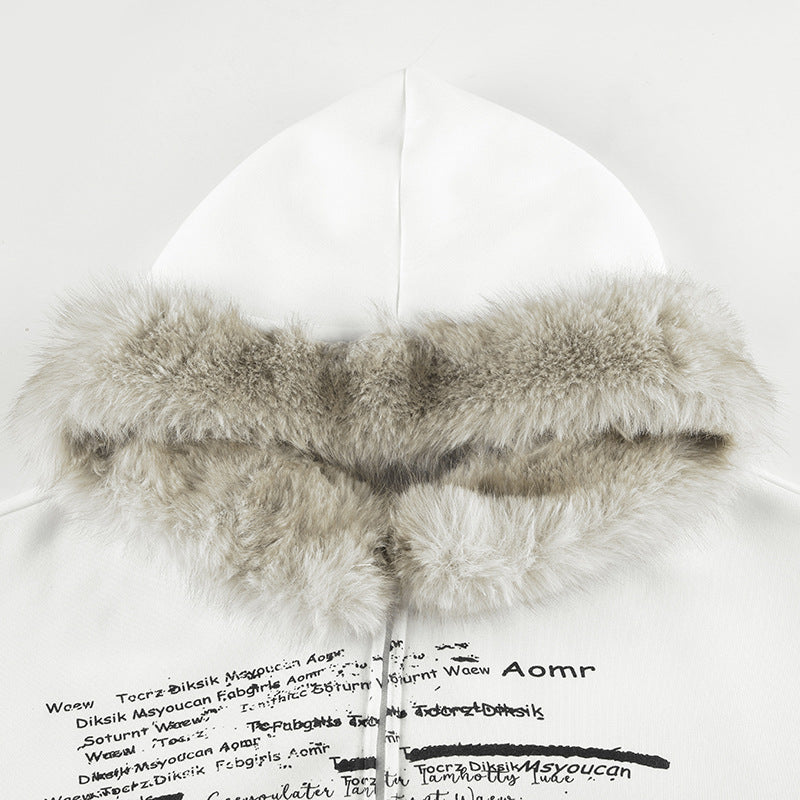 Retro Simple Letter Graphic Print Furry Stitching Hooded Cardigan Top Autumn Winter Thermal Velvet Sweatshirt Coat - ALZO