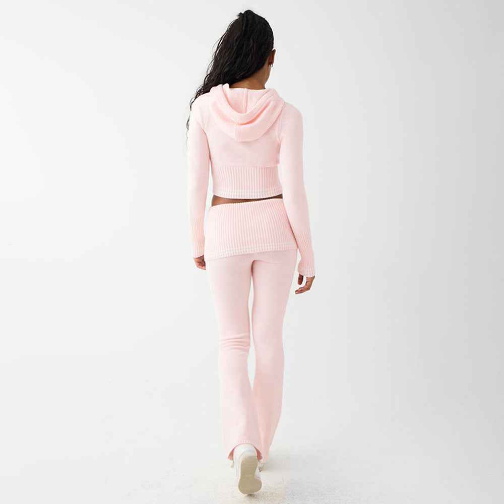 Fall Winter Knitted Two-Piece Sexy Bare Cropped Slim Fit Hoodie Bootcut Pants
