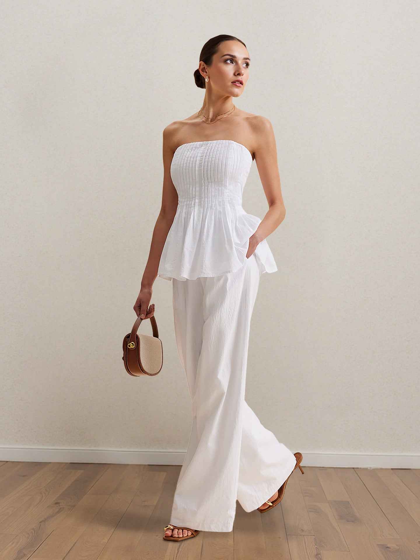Professional Spring Summer White Casual off the Shoulder Top Trousers Tube Top Simple Office Women Clothing