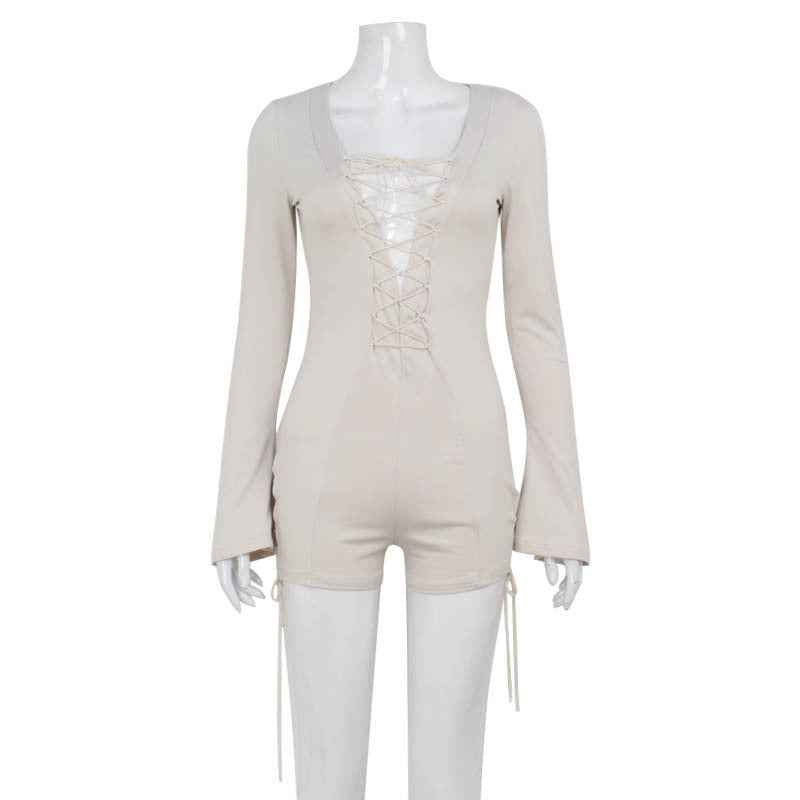 Women Clothing Sexy Deep V Plunge Long Sleeve Tied Design Hollow Out Cutout Sexy Jumpsuit One Piece Trousers