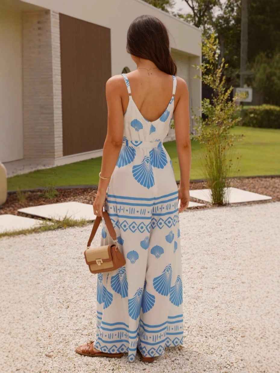 Summer Positioning Printed V neck Lace up Wide Leg Straight Sling Jumpsuit