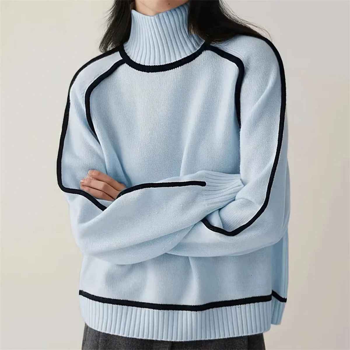 Women Sweater Half Turtleneck with Shoulder Sleeve Top Elegant Line Thread Bottoming Sweater for Women