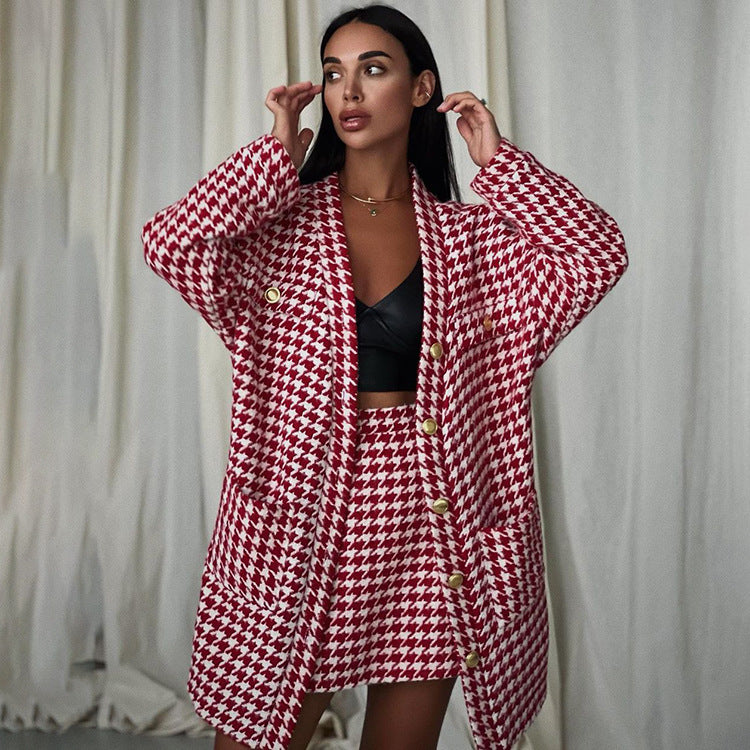 Women Clothing Autumn Winter Chanel Suit Women Houndstooth Tie Front Top Hip Skirt Two Piece Set - ALZO