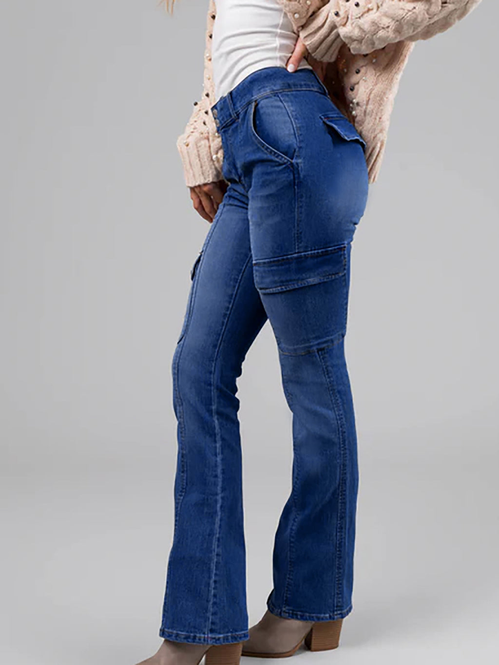 Ladies Double Buckle Waist Stitching Multi Pocket Side Sticker Bag Overalls Denim Stretch Trousers - ALZO