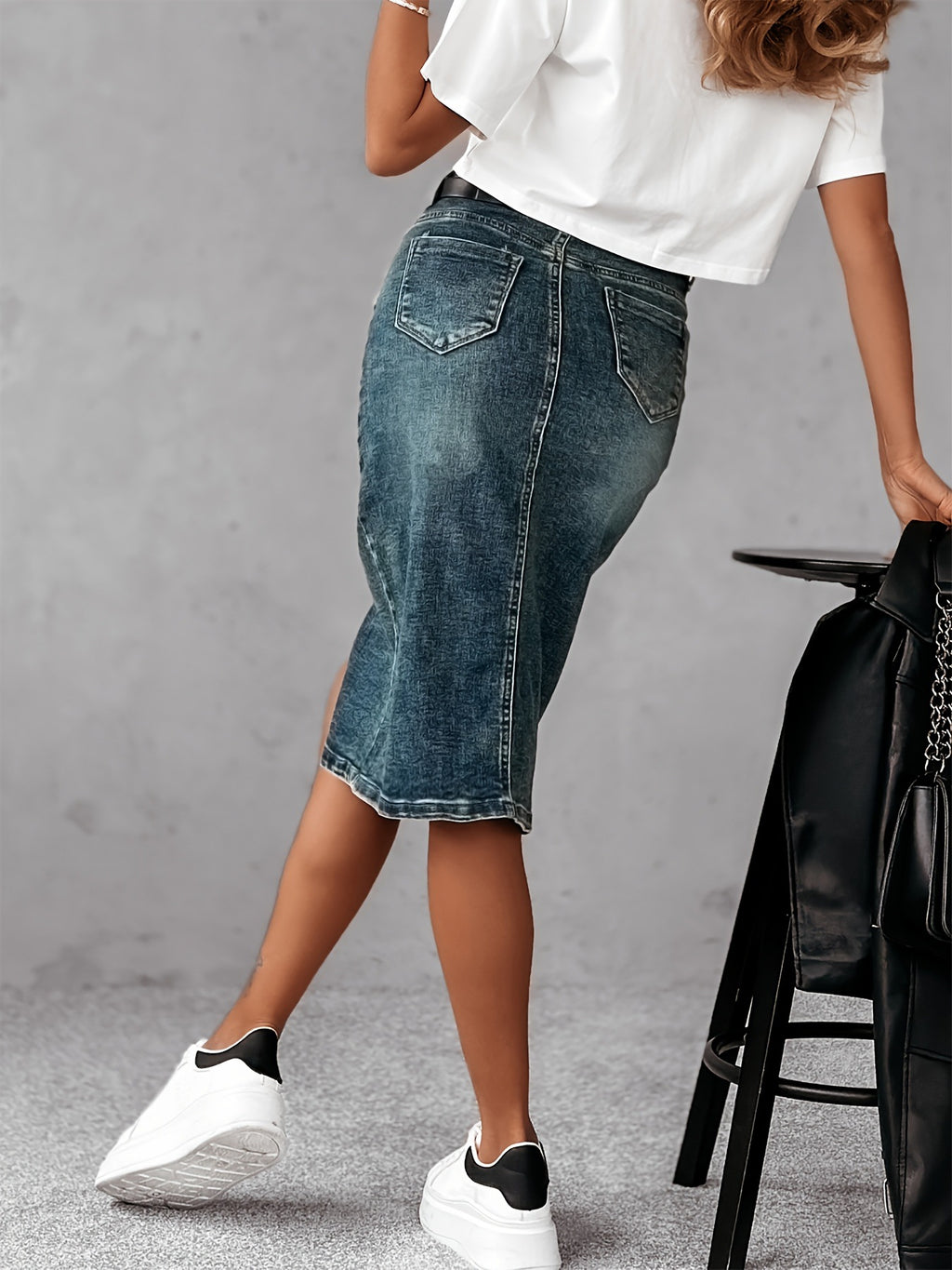 Ladies Elastic Heavy Industry Color Wash Sheath Front Slit Denim Pencil Midi Dress - ALZO