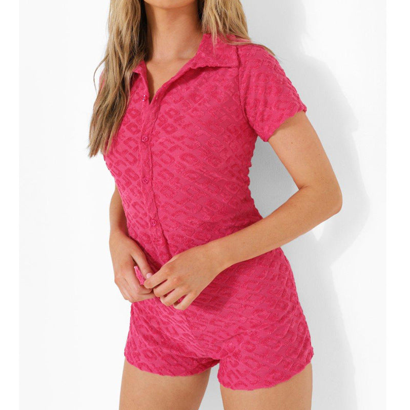 Knitted Embossed Women Jumpsuit Polo Collar Sexy Peter Pan Collar Cardigan Single Breasted Shorts Jumpsuit - ALZO