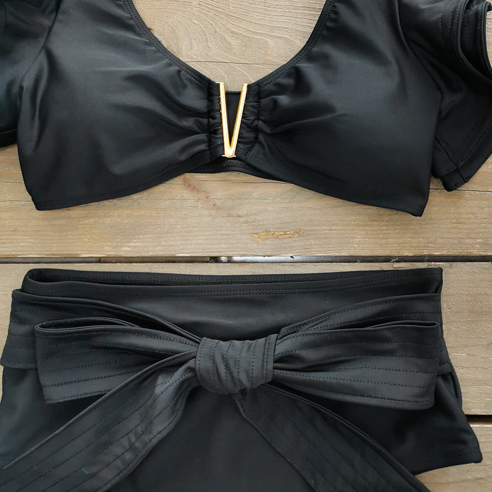 Solid Color Split Swimsuit Women Heavy Industry Line Flounced Sexy Bikini Swimsuit - ALZO
