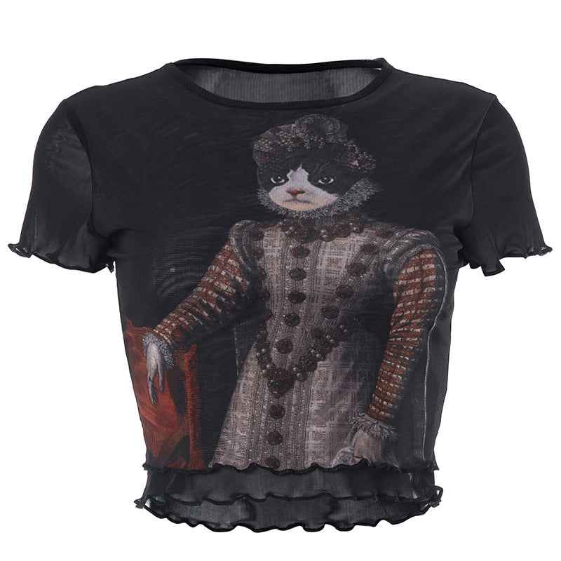 Retro Sexy Cat Printing Mesh Top Women Clothing Trendy Summer