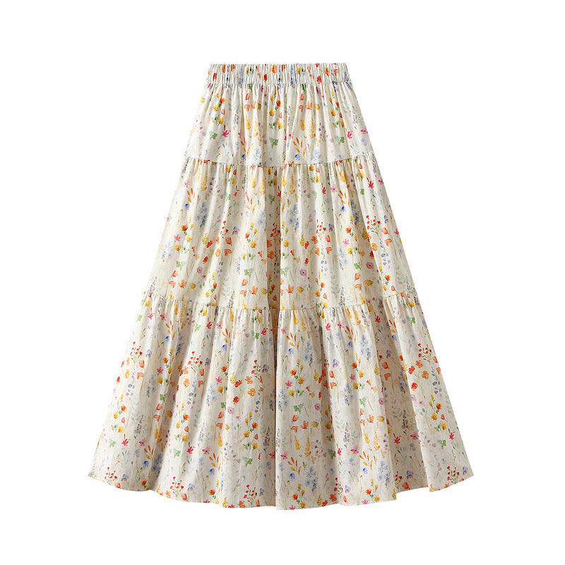 Sweet Floral Skirt Women Summer Series A line Elastic Waist Mid Length Big Hem Umbrella Skirt - ALZO