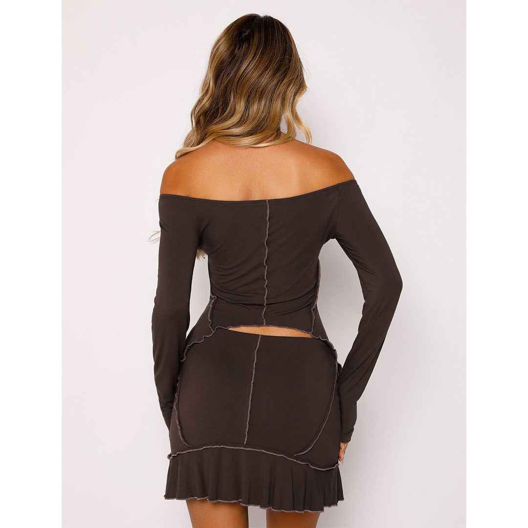 Women Clothing Sexy Solid Color Reverse Design Off Neck Skirt Set