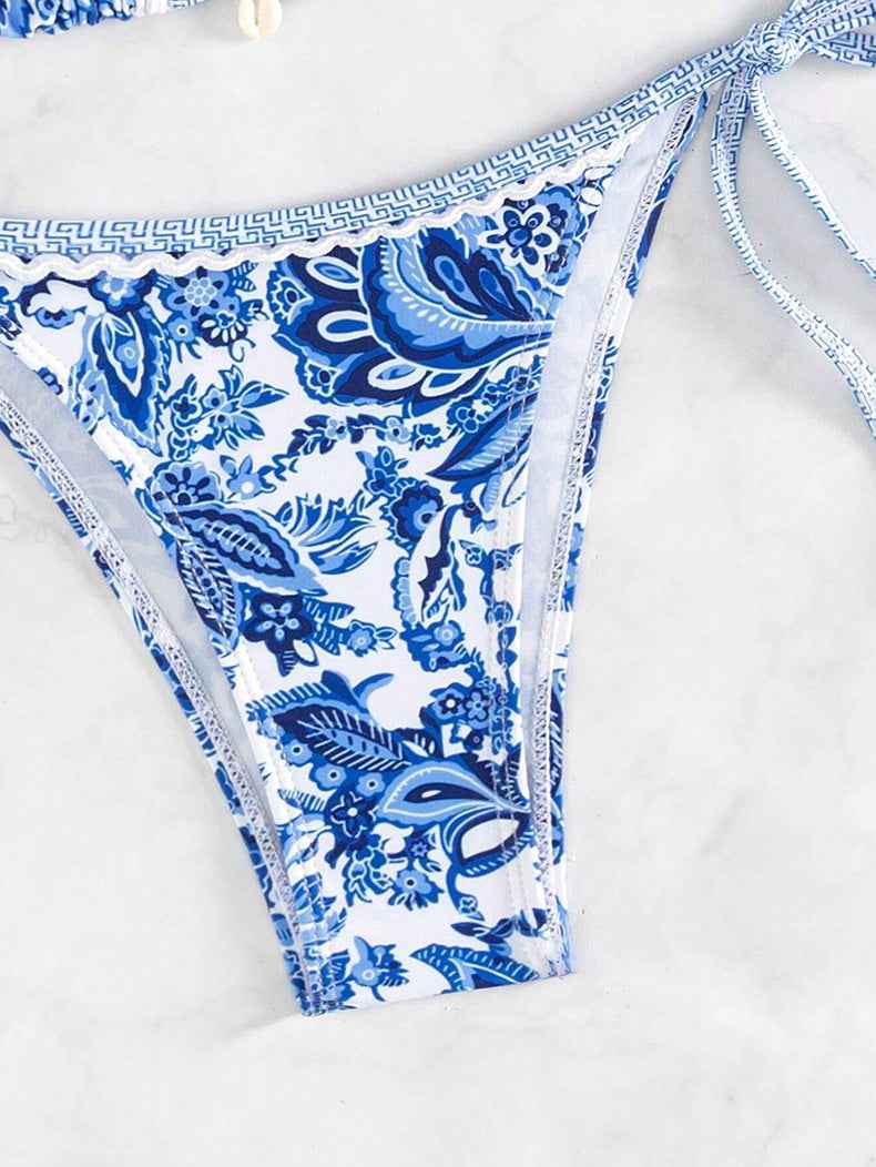 Print Split Blue White Porcelain Bikini Two Piece Sets Women Swimsuit