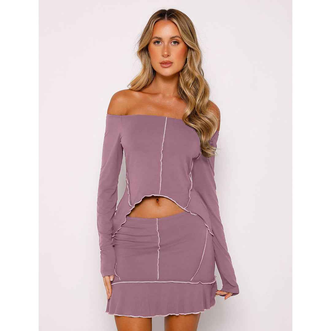 Women Clothing Sexy Solid Color Reverse Design Off Neck Skirt Set