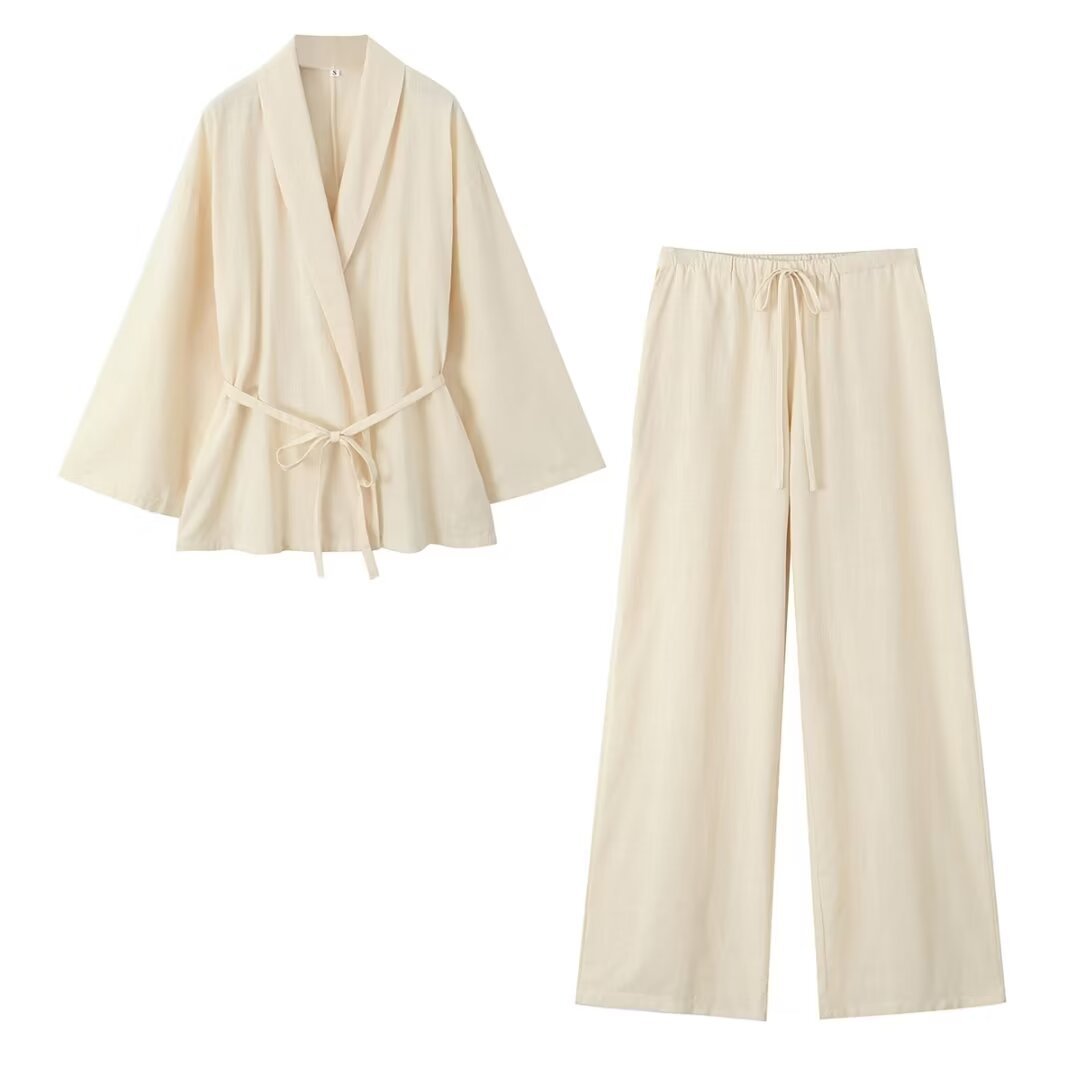 Women Clothing Casual Two Piece Sets Spring Autumn Kimono Lace up Top Pajamas Pants - ALZO