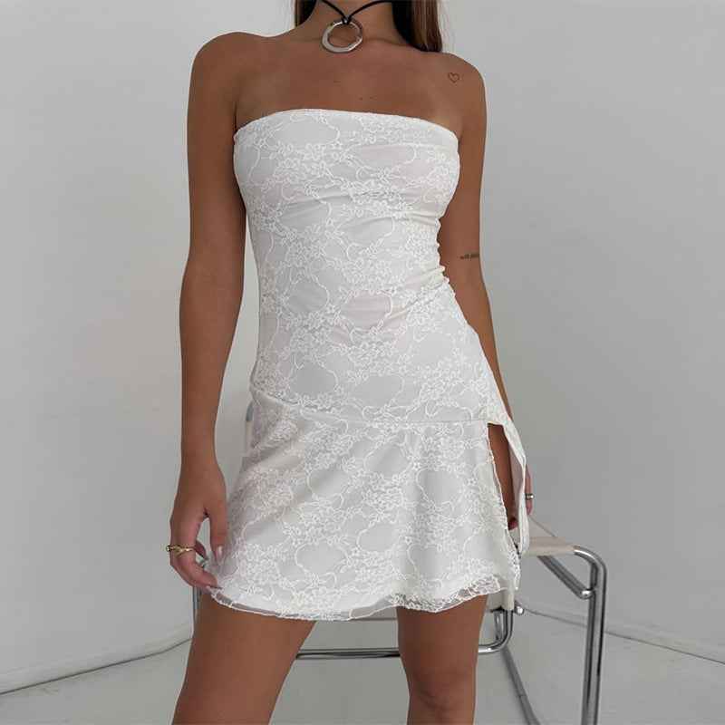 Women Tube Top Stitching Lace Slim Sexy Slit Short Dress