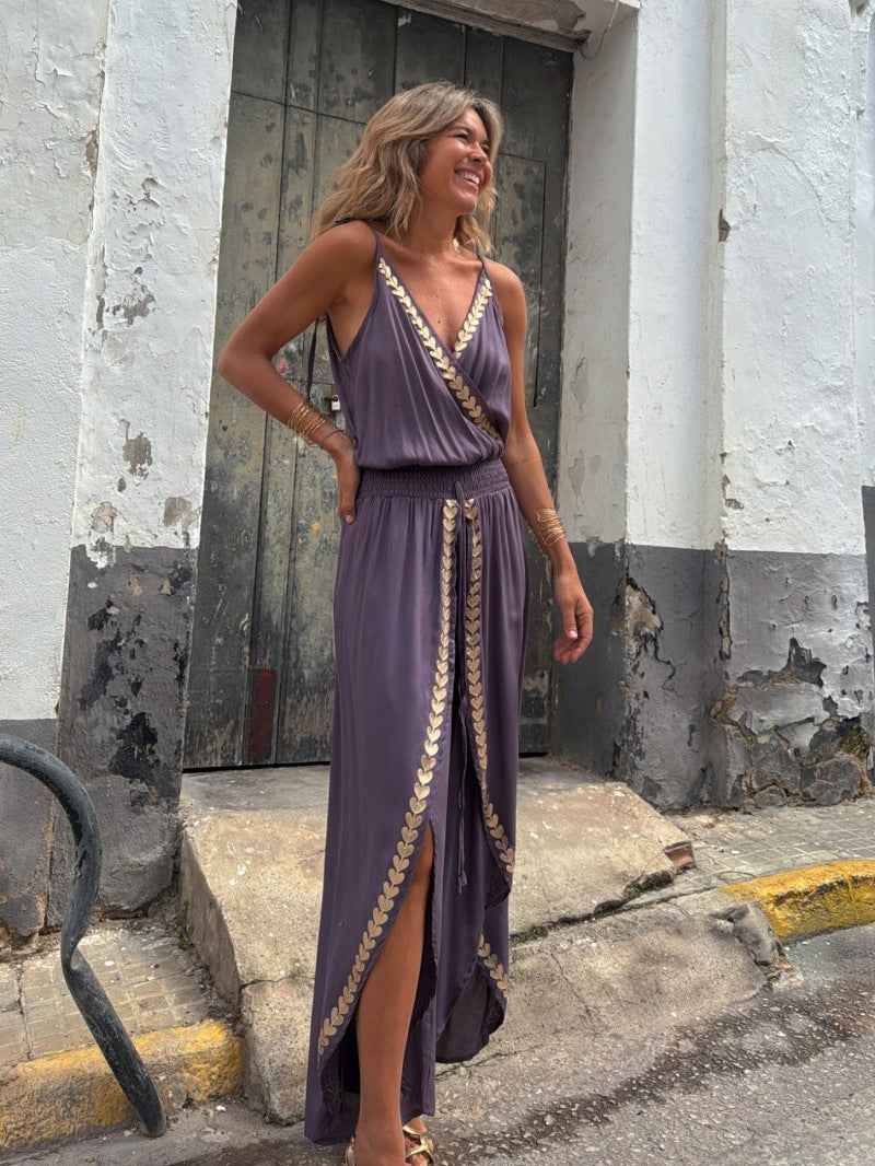 Golden Ribbon Trim Tight Waist V neck Loose Sling Jumpsuit