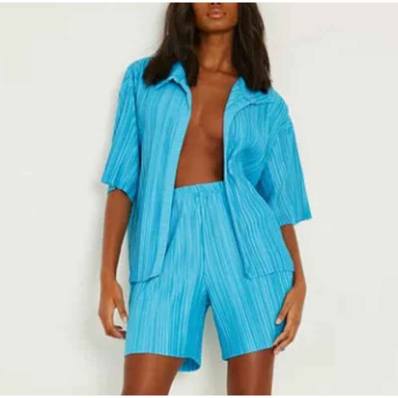 Spring Summer Pleated Shirt Short Sleeve Shorts Casual two piece set