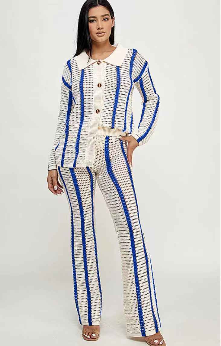 Autumn Sweet Casual Striped Hollow Out Cutout Knitted Cardigan Women Coat Long Sleeve Length Straight Leg Pants Sets