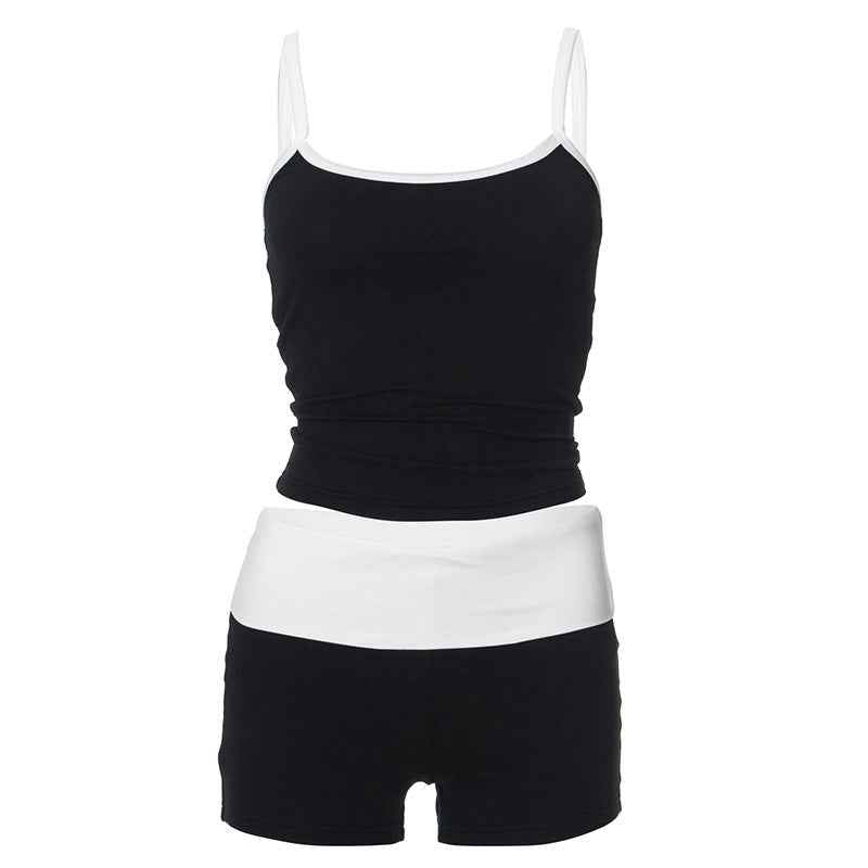 Women Clothing Summer Suspender Cropped Contrast Color Top Low Waist Shorts Set