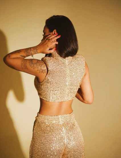 Women Clothing Autumn Sexy Sequined Sleeveless O Neck Short Top Casual Trousers Suit