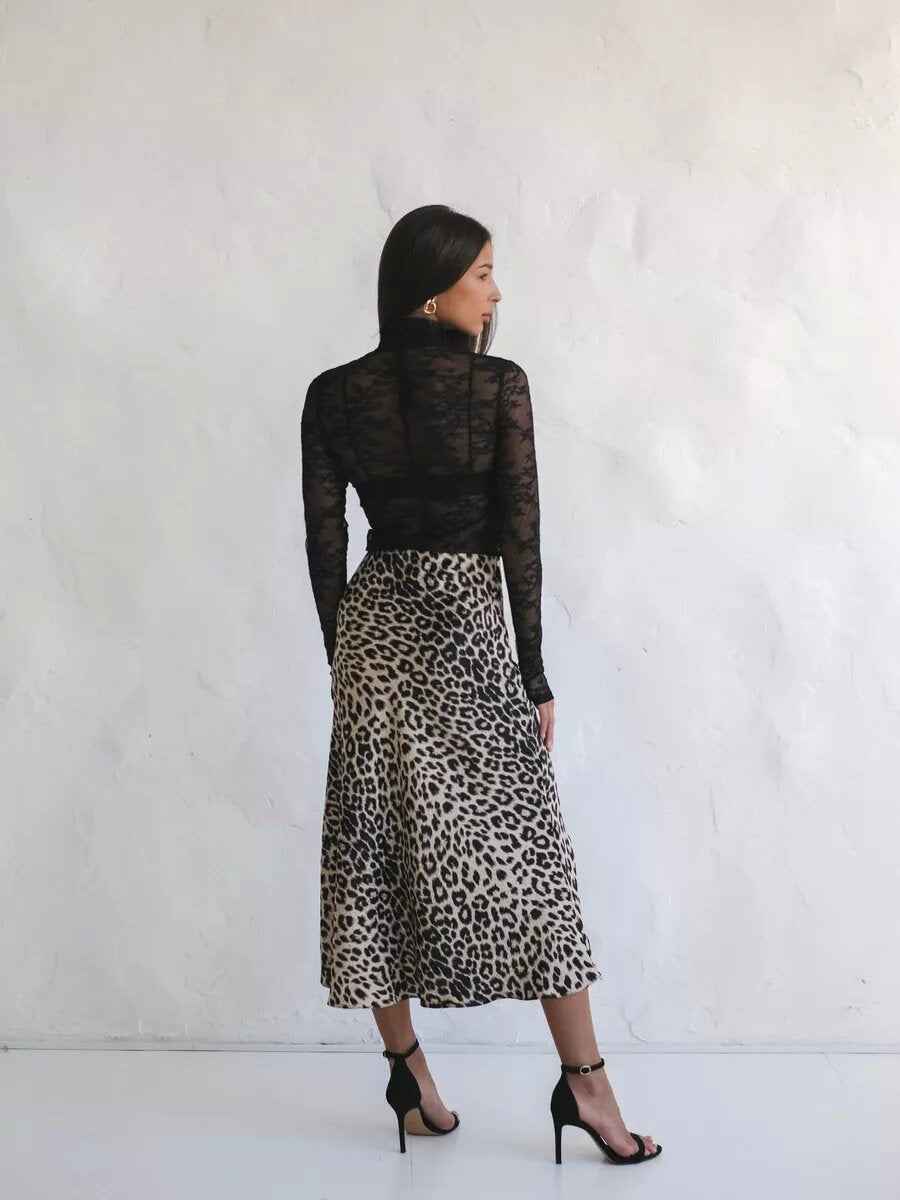 Satin Skirt Sexy Leopard Print Maxi Skirt High Waist Elastic Silky Maxi Skirt