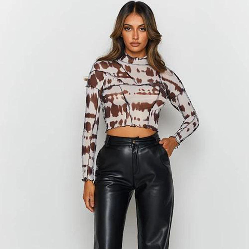 Fall Women Clothing round Neck Slim Fit Patchwork Printed Long Sleeve Sexy Backless Mesh Top - ALZO