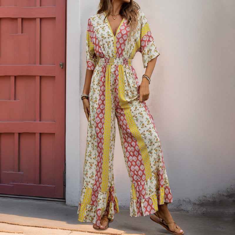 Women Five Quarter Sleeve V neck Geometric Abstract Striped Floral Printed Jumpsuit