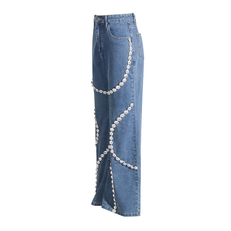 Personality Jeans Women Spring Trendy Ring Rhinestone Stitching Design Straight Pants - ALZO