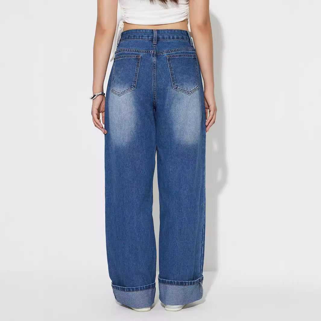 Women Wear Retro Casual High Waist Straight Jeans Trousers - ALZO