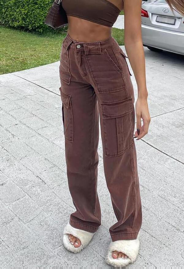 Bellows Pocket Loose High Waist Straight Jeans Cargo Pants Jeans - ALZO
