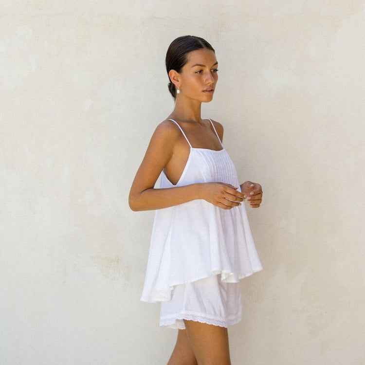 Cotton Casual Women White Sleeveless Loose Strap Top Shorts Two Piece Sets