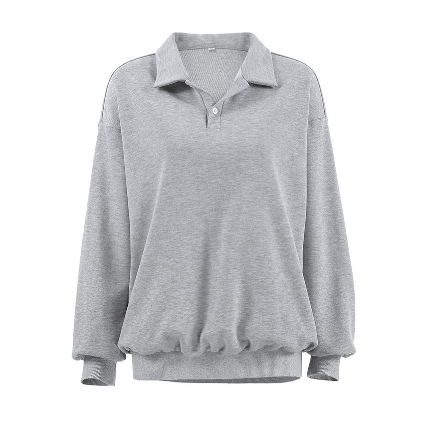 Autumn Winter Loose Casual Sweatshirt Lantern Sleeve Polo Collar Design Blouse Women - ALZO