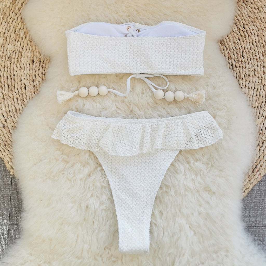Women Tube Top High Waist with Straps Split Swimsuit Ruffled Solid Color Thread Bikini - ALZO