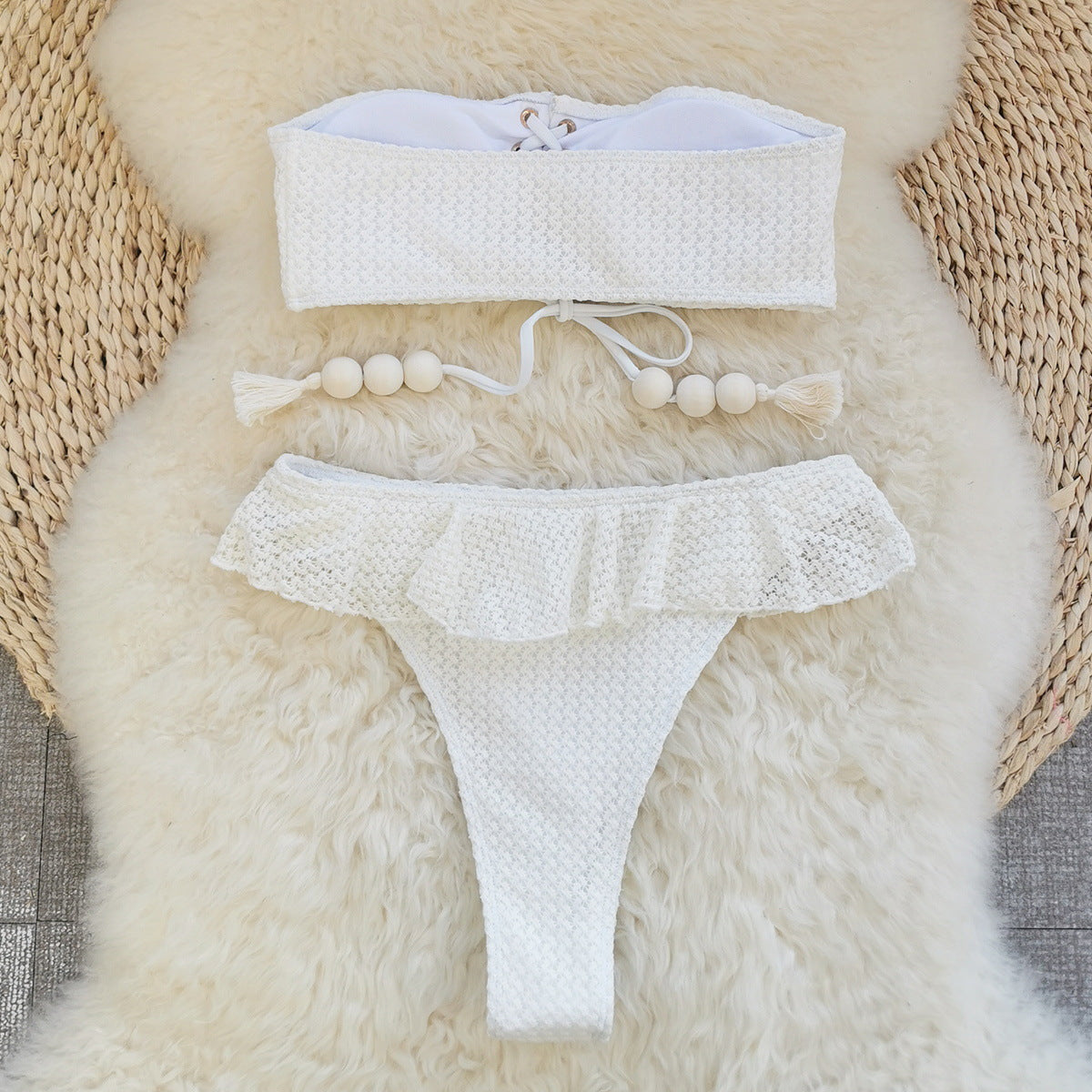 Women Tube Top High Waist with Straps Split Swimsuit Ruffled Solid Color Thread Bikini - ALZO