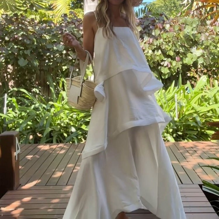 French Sleeveless White Satin Drape Women Dress Design Casual Cami Dress Tiered Dress - ALZO