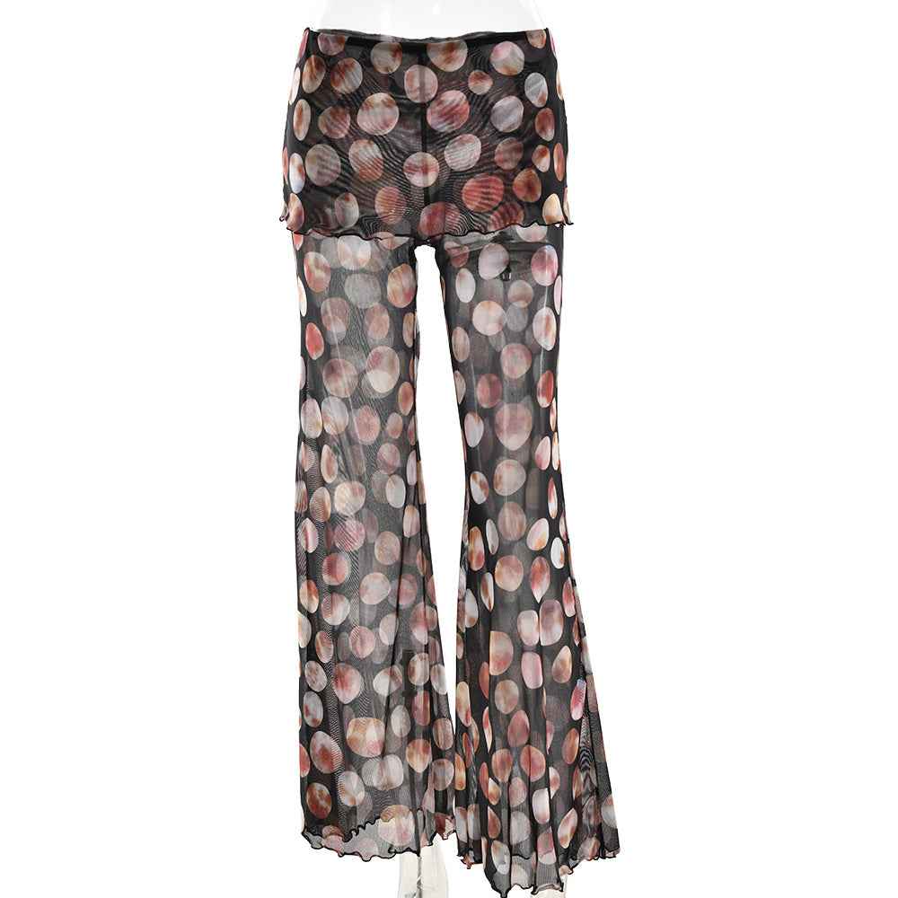 Summer Sexy Leopard Print Mesh Floral Print Trousers Women High Waisted Boot Cut Pants