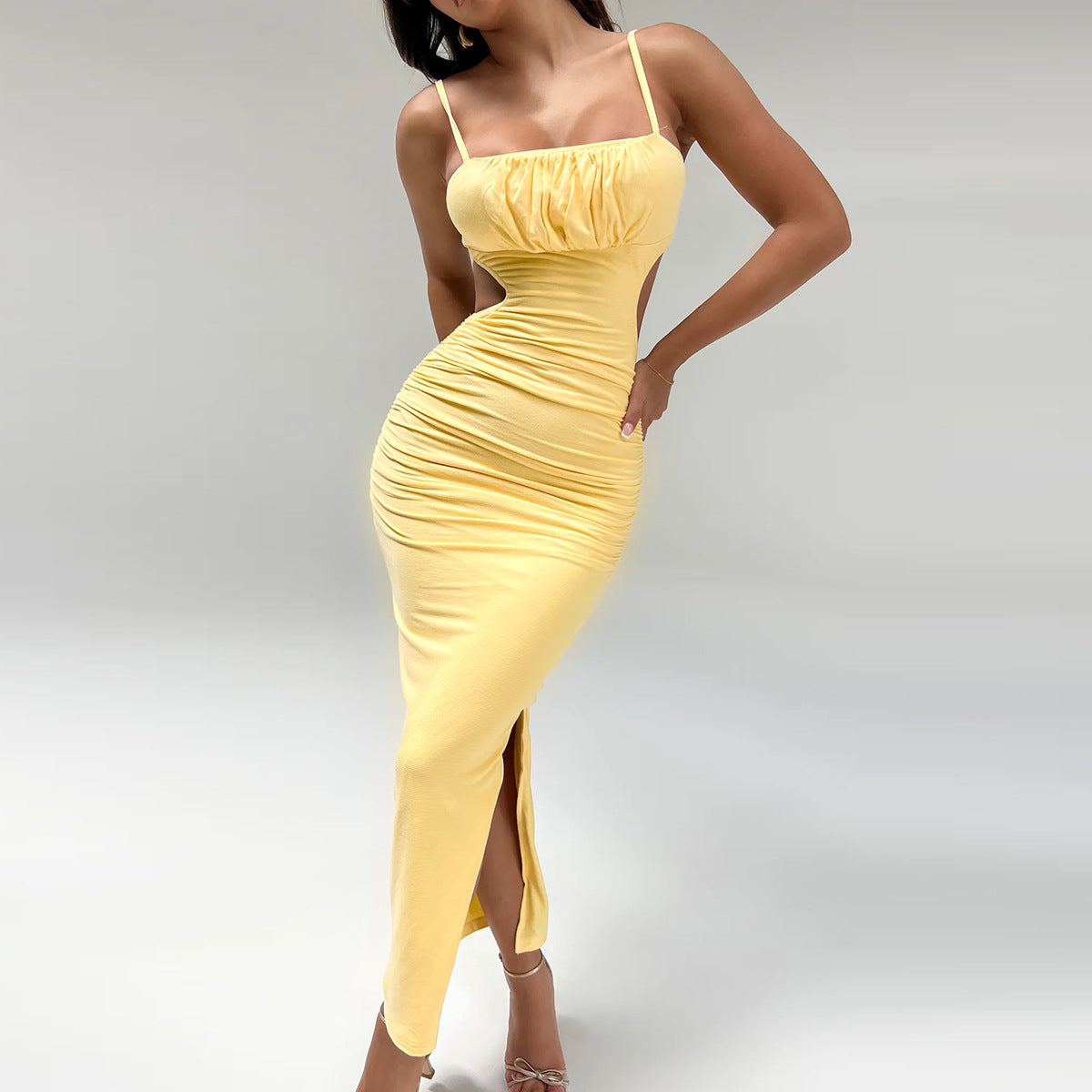 Women Cami Dress Sexy Backless Ruffle Hip Side Slit Maxi Dress - ALZO