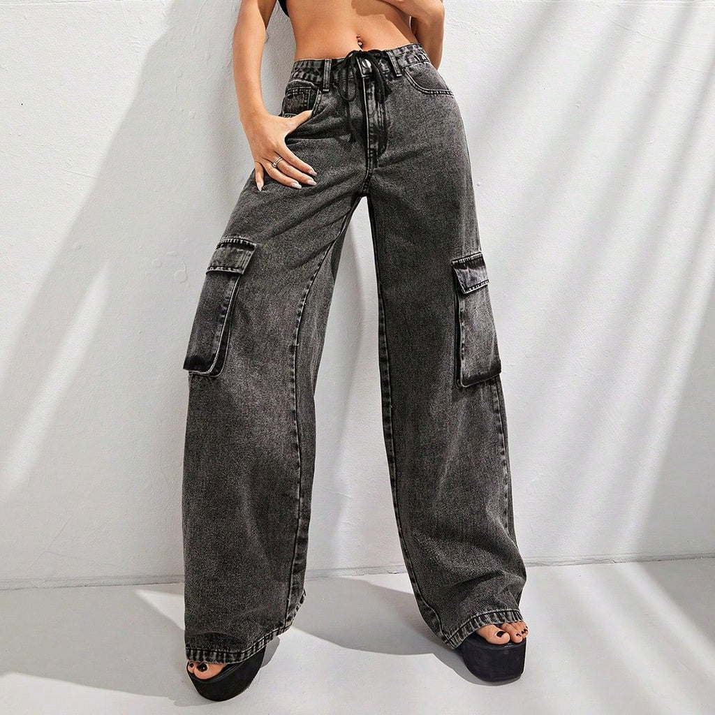 Women Clothing High Waist Large Pocket Slimming Loose Cargo Denim Trousers - ALZO