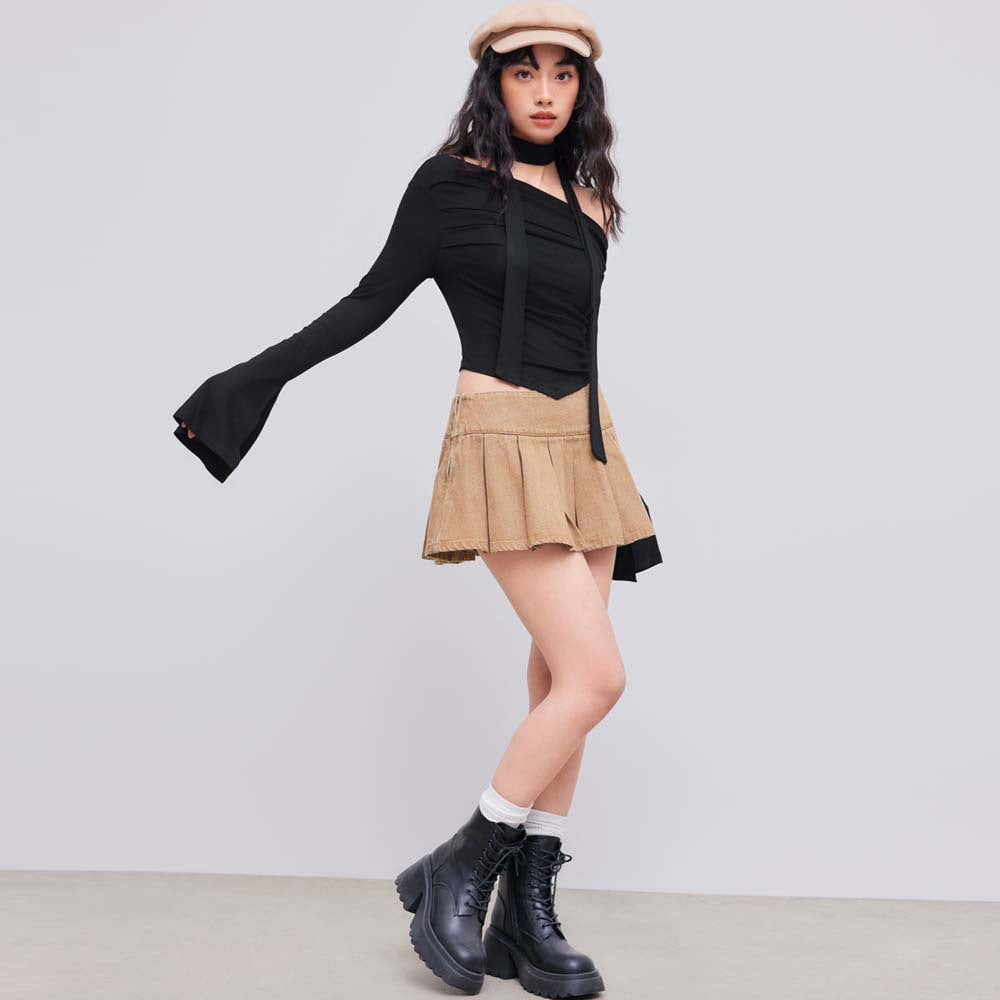 Sweet Spicy Sexy T shirt Autumn Winter Boat Collar off the Shoulder Design Short Top - ALZO